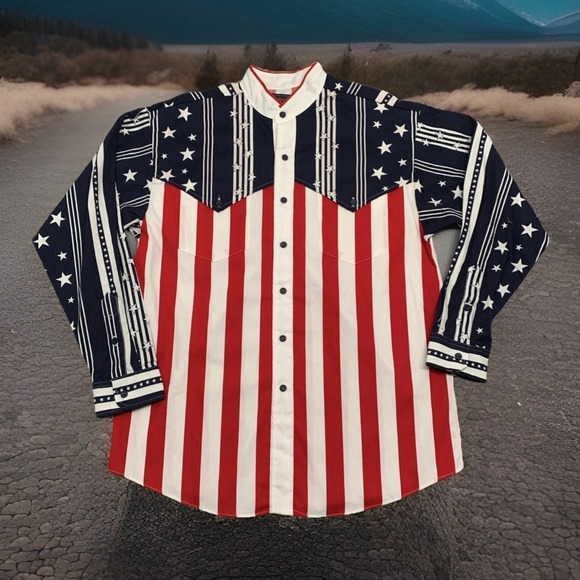 VTG Panhandle Slim Shirt Western Made In USA Flag Men L Mandarin Collar Rare NEW